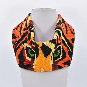 ** HANDMADE INDIA SEED BEADED TIGER PRINTED SCARF NECKLACE **